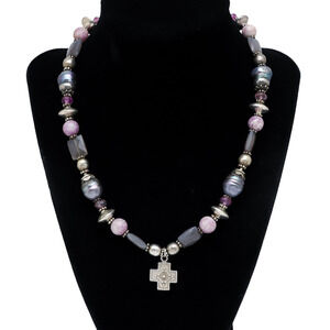 Pearl Agate Amethyst Cross Pendant Necklace | Vintage Sterling Silver 925 | 19”